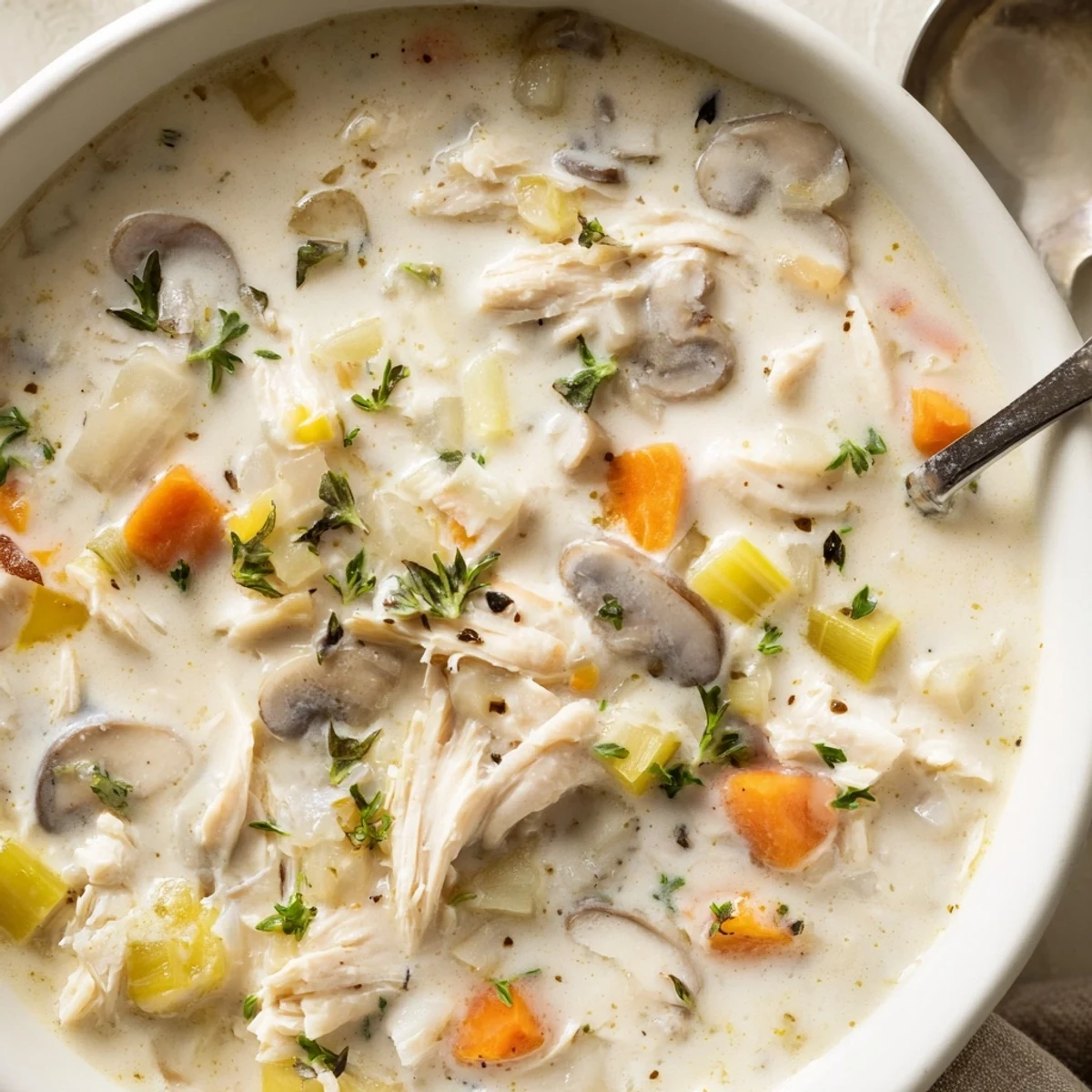 Savory creamy soup with shredded chicken and sliced mushrooms served in rustic crock
