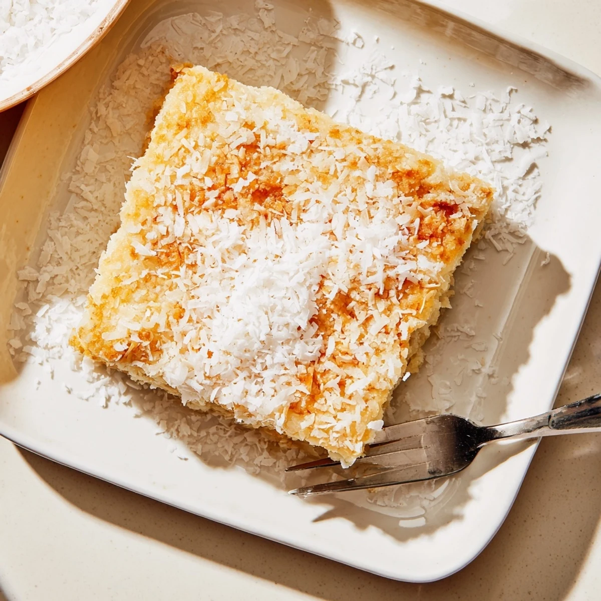 Chewy gluten-free coconut mochi cake with golden edges on a white plate