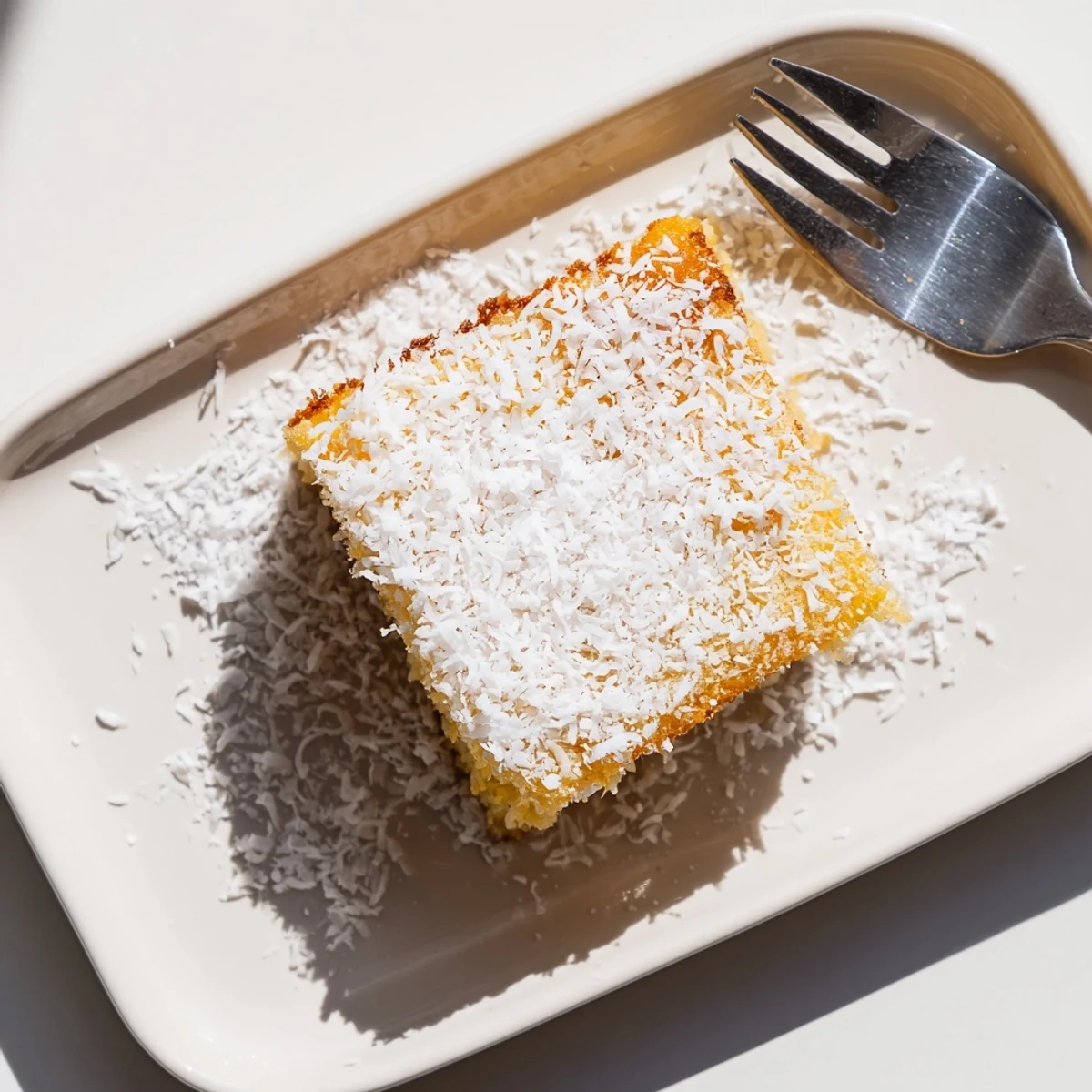 Golden coconut mochi cake topped with shredded coconut and cut into squares