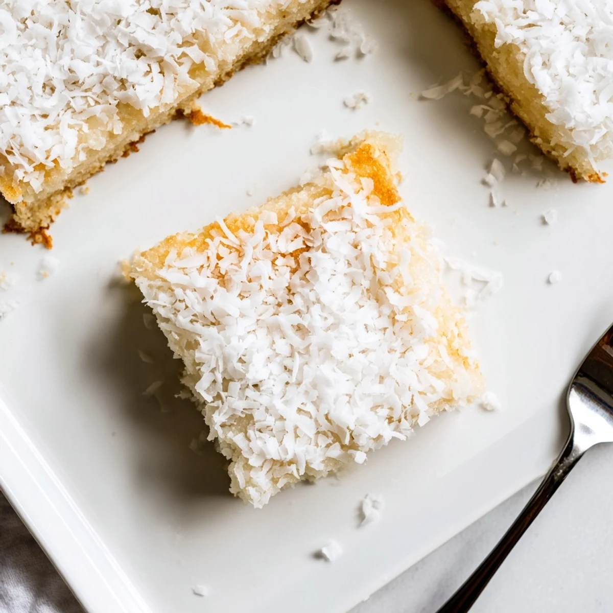 Slice of coconut mochi cake with toasted coconut topping on a serving tray