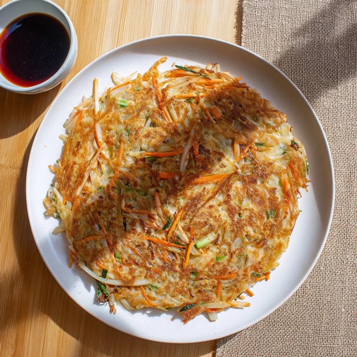Golden crispy Korean pancakes topped with fresh scallions served on white plate