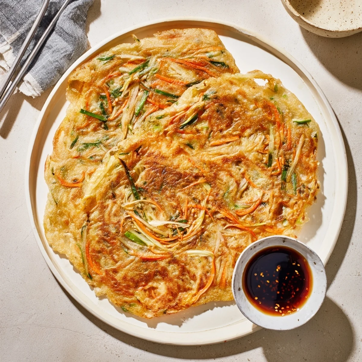 Savory Korean pancakes pan-fried to perfection with colorful vegetable fillings visible