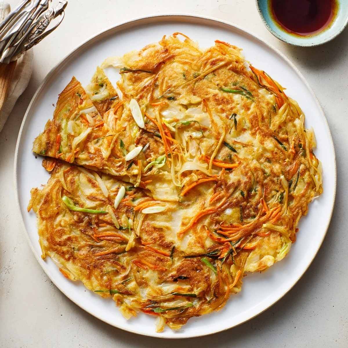 Hot Korean pancakes cut into wedges alongside bowl of spicy dipping sauce
