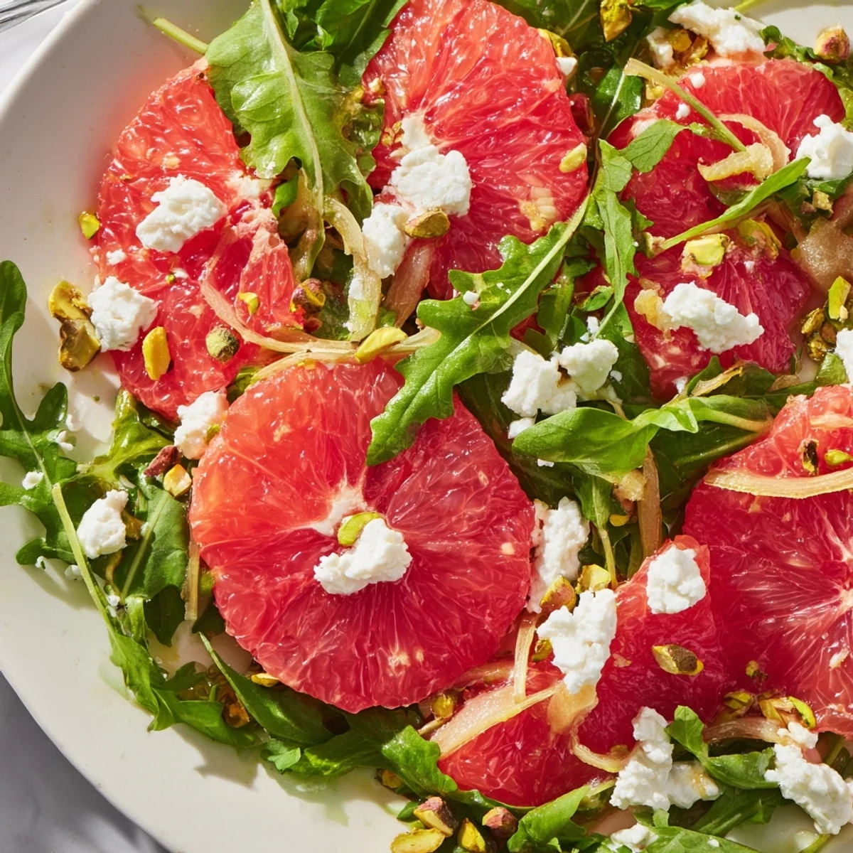 Fresh grapefruit goat cheese fennel salad with pink citrus segments, crumbled white cheese, and arugula on a rustic wooden serving board