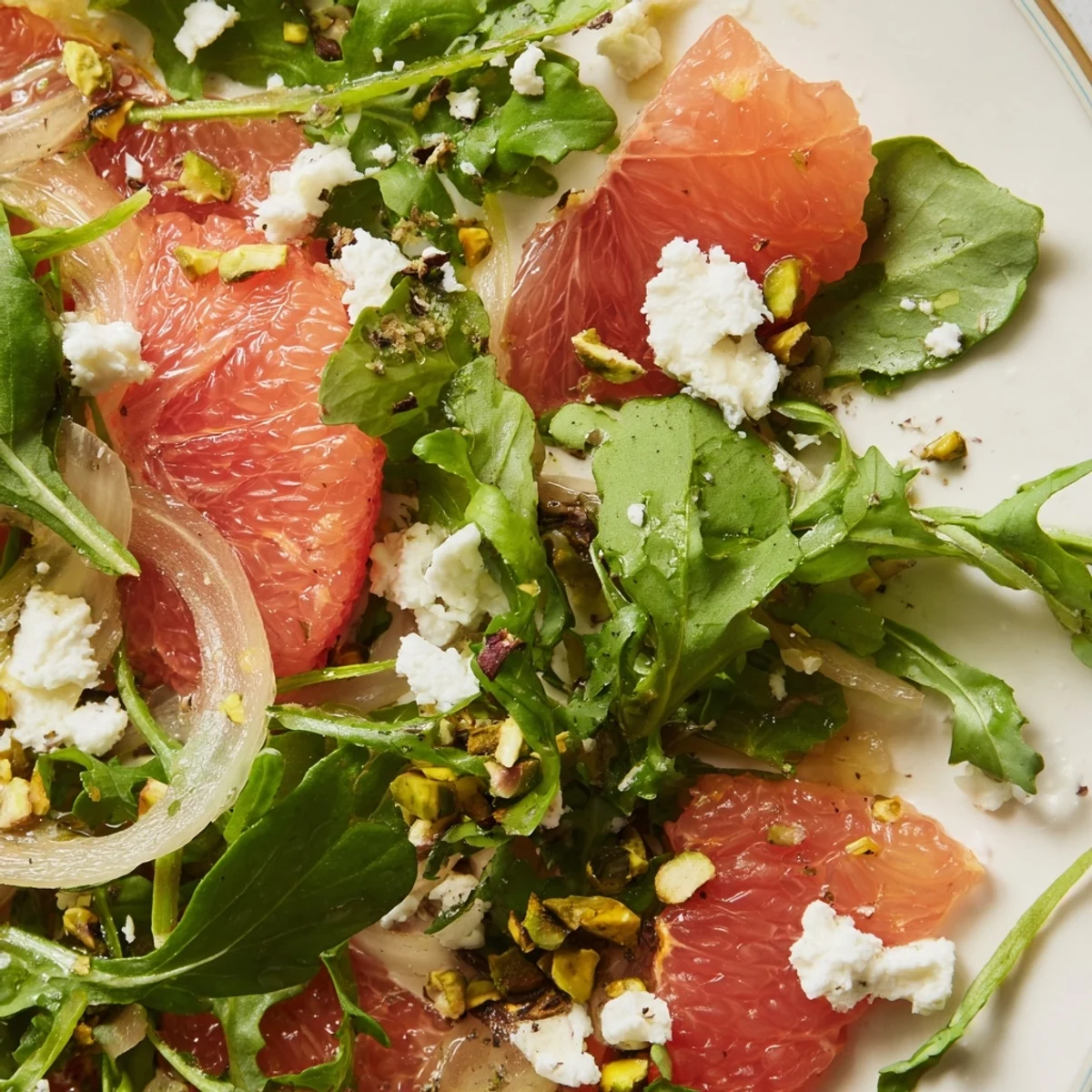 Colorful grapefruit goat cheese and fennel salad plated on white dish featuring bright pink grapefruit wedges, sliced fennel, and creamy goat cheese crumbles