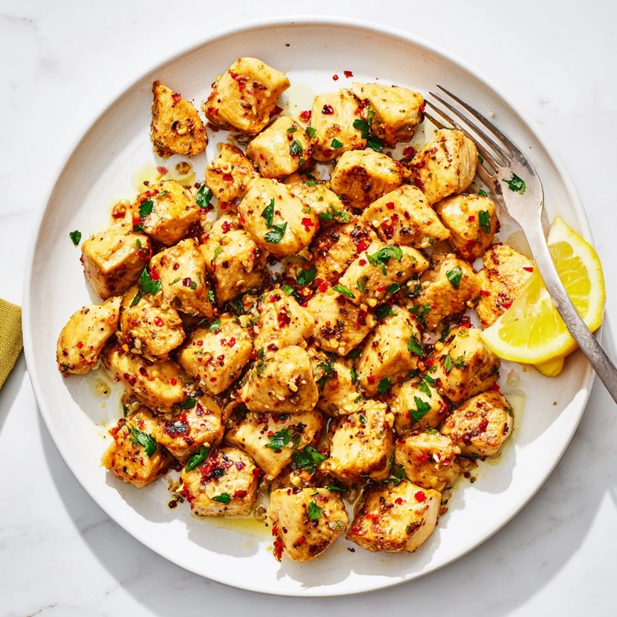 Tender chicken pieces coated in melted garlic butter with fresh parsley and lemon