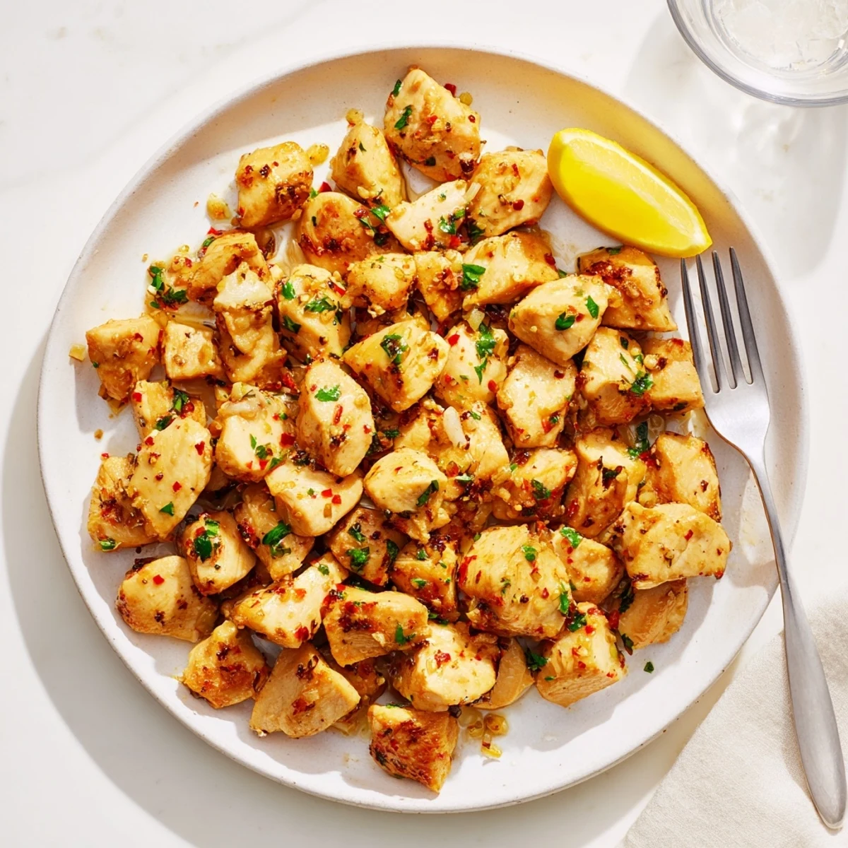 Juicy pan-seared chicken bites swimming in buttery garlic sauce with herbs and spices