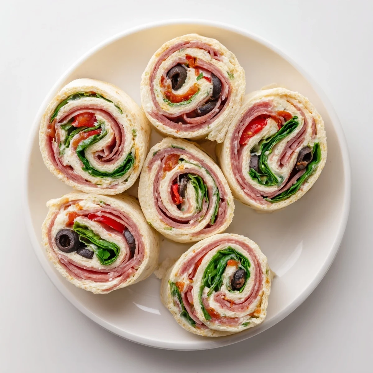 Spiraled tortilla wraps showcasing layers of Italian meats, provolone cheese, and roasted red pepper strips