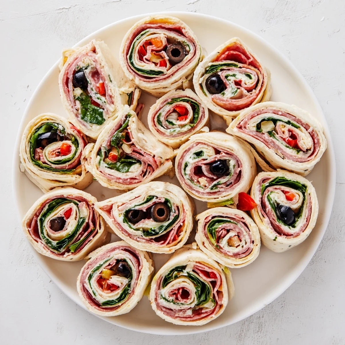 Sliced appetizer pinwheels revealing spirals of salami, ham, and cream cheese spread in flour tortillas