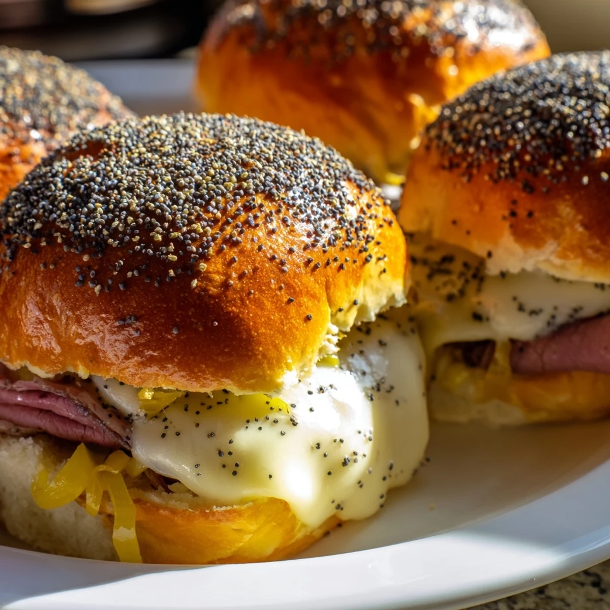 Mouthwatering mini French dip sliders featuring tender beef, sweet onions, and gooey cheese served alongside rich au jus
