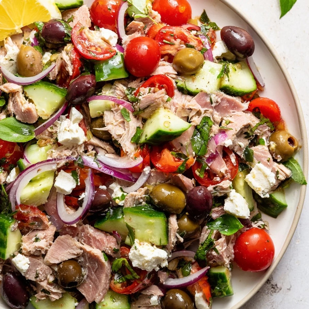 Colorful Mediterranean tuna salad bowl with fresh vegetables, olives, and lemon dressing on white background