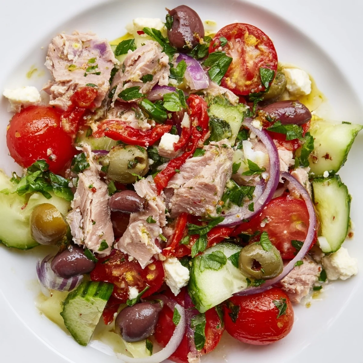 Fresh Mediterranean tuna salad plated with cherry tomatoes, cucumber, red peppers, and tangy olives