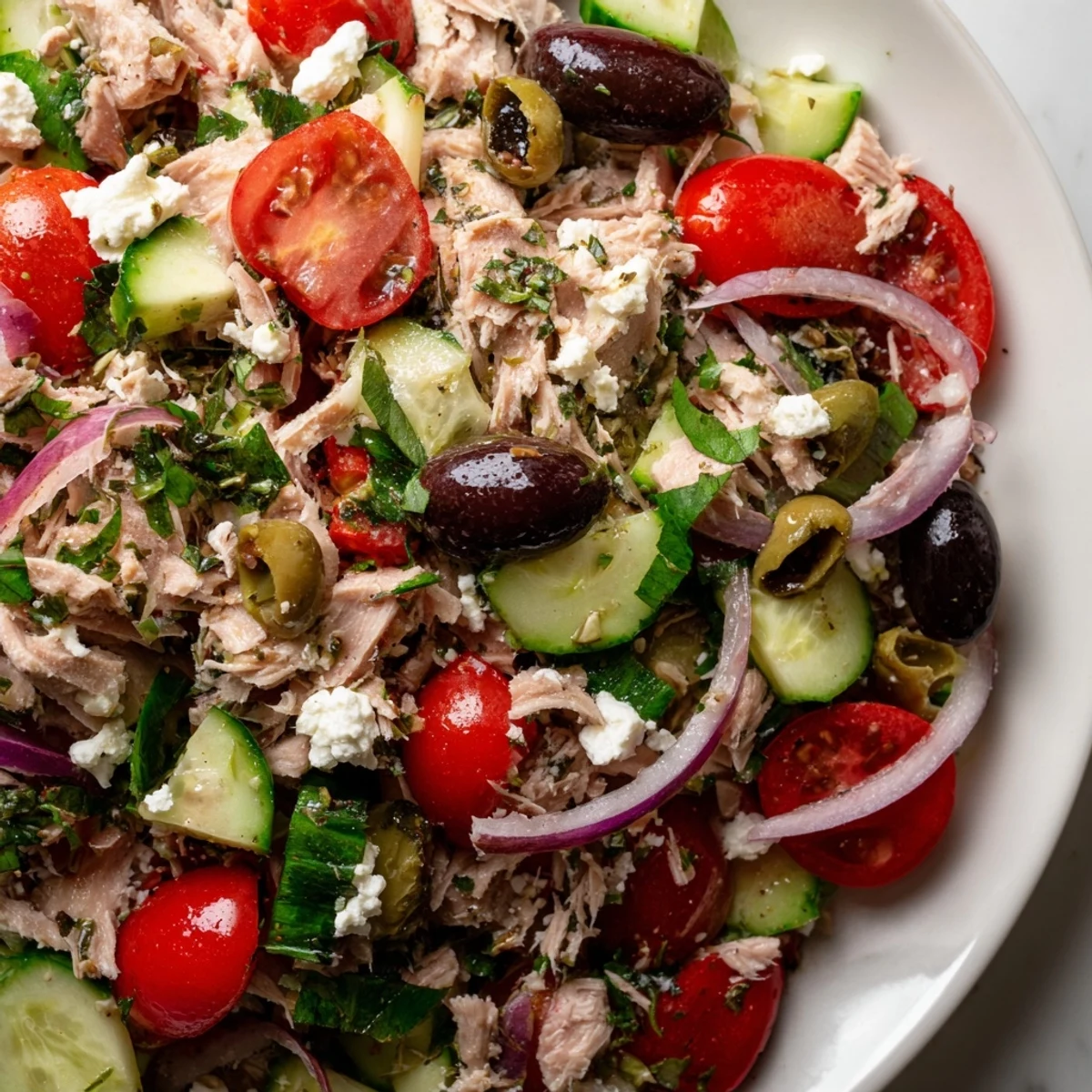 Healthy Mediterranean tuna salad featuring crisp vegetables, Kalamata olives, and zesty lemon olive oil dressing