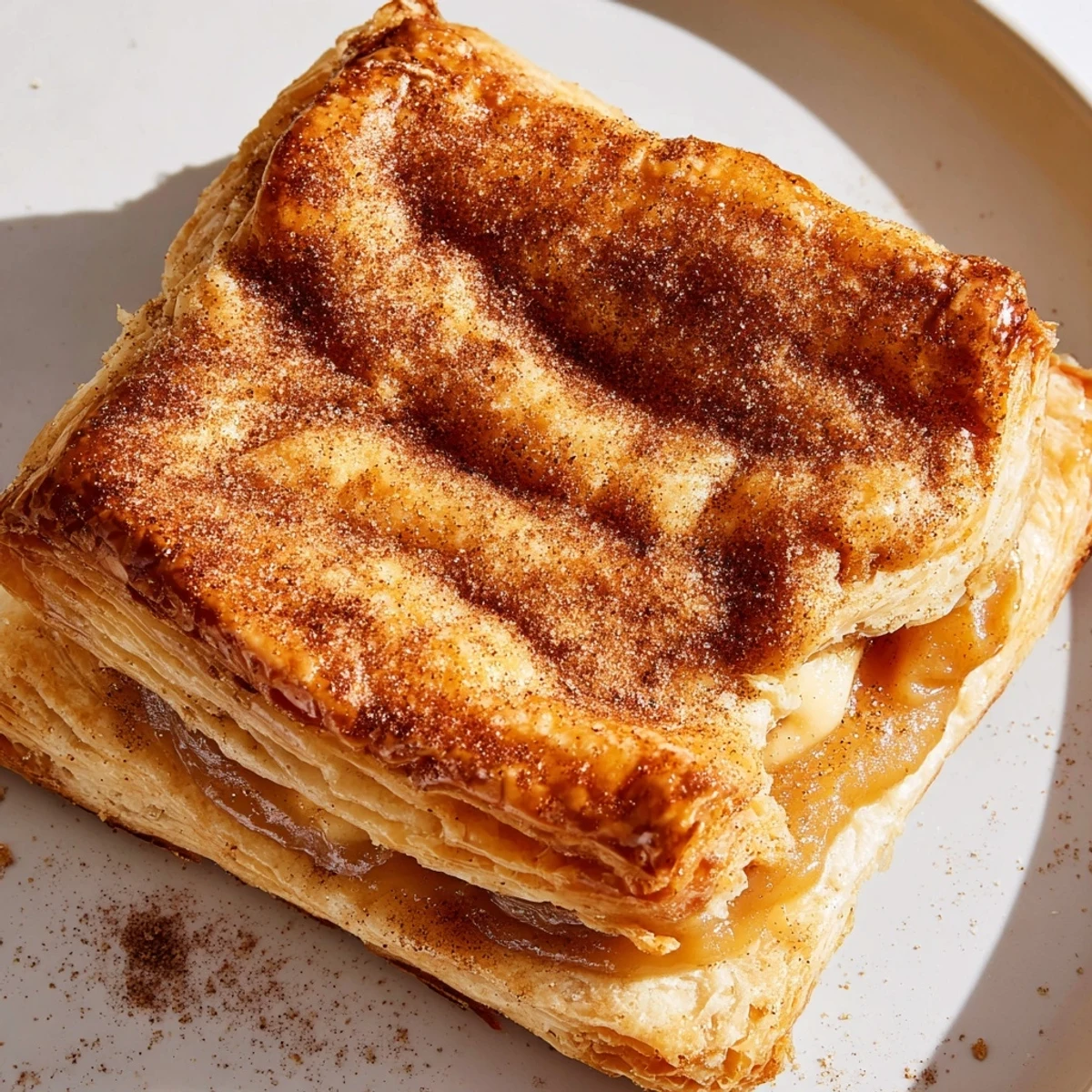 Golden brown dulce de leche pastries with caramel filling oozing from flaky layers
