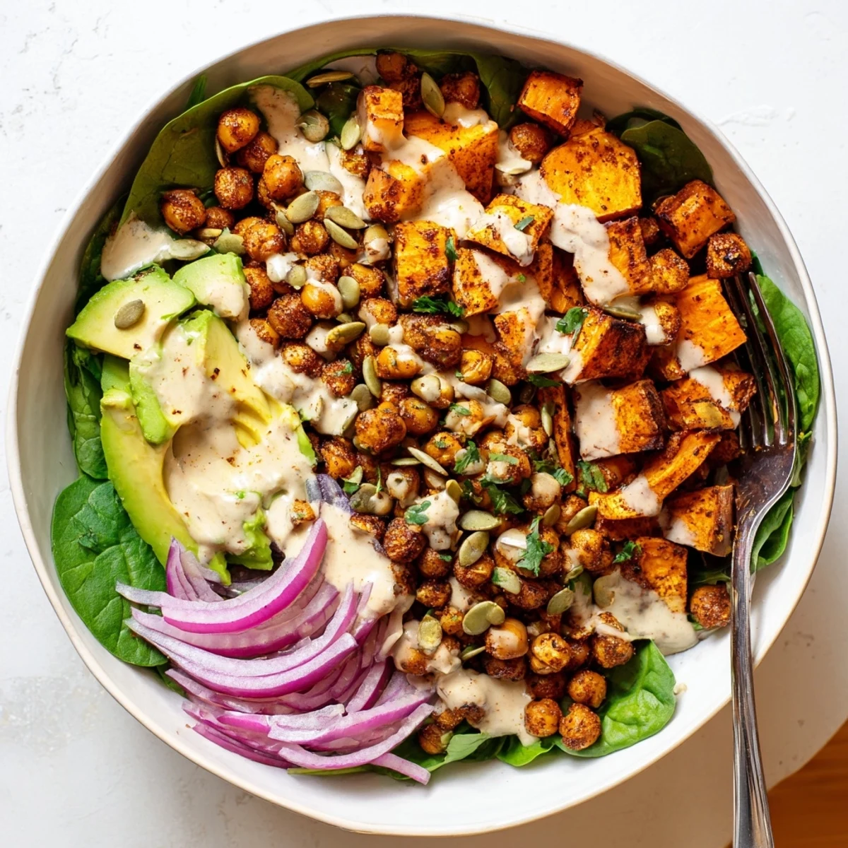 Vibrant roasted sweet potato and chickpea bowls topped with avocado and zesty tahini sauce