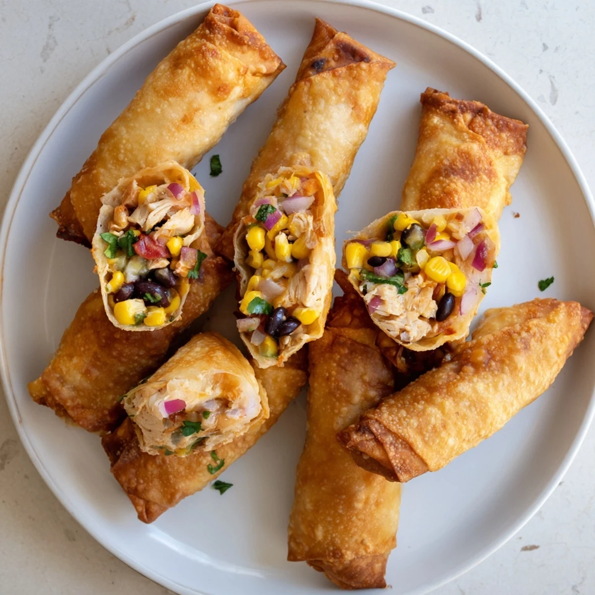 Golden crispy Southwest egg rolls filled with seasoned chicken black beans and corn