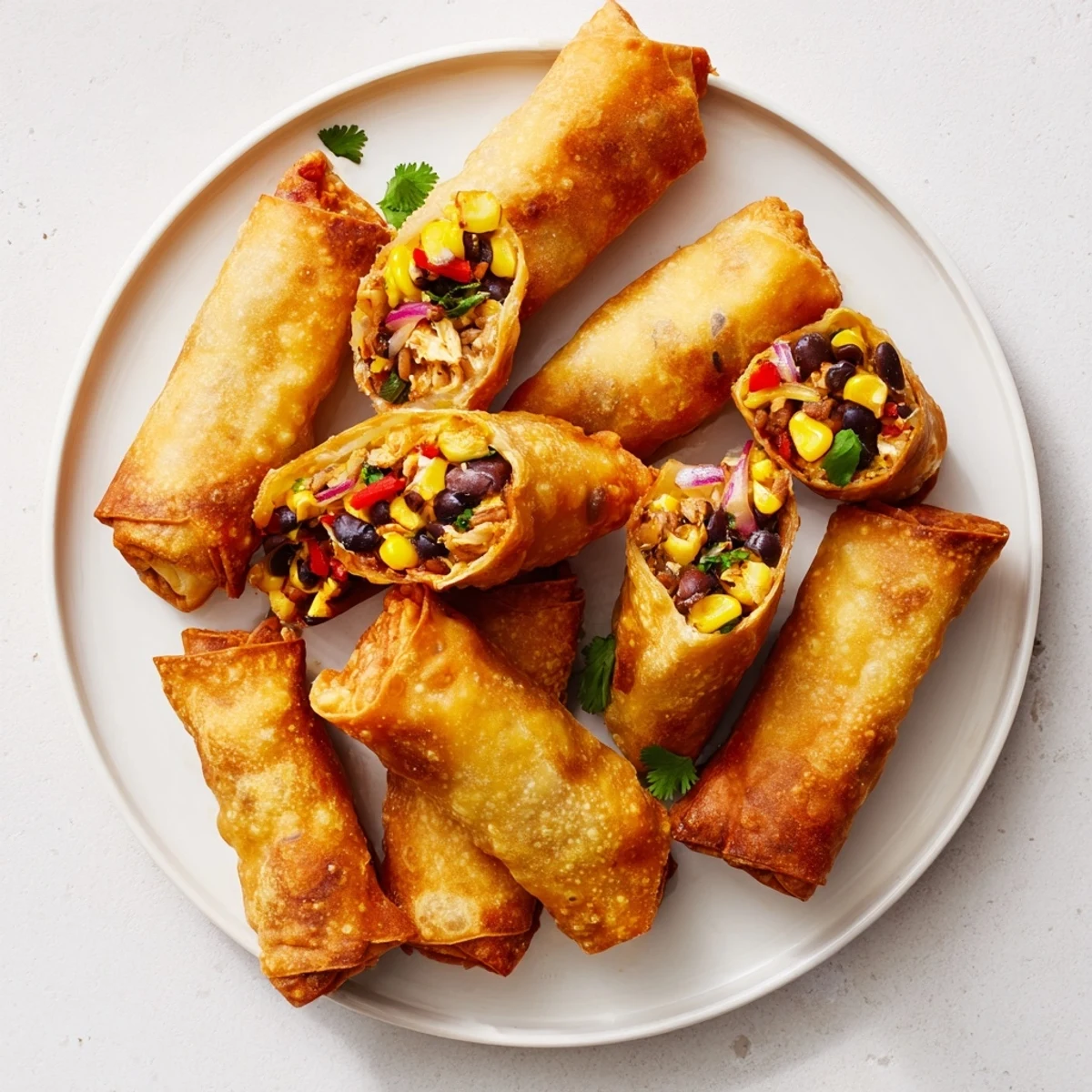Fried Southwest egg rolls stuffed with Monterey Jack cheese chicken and colorful vegetables