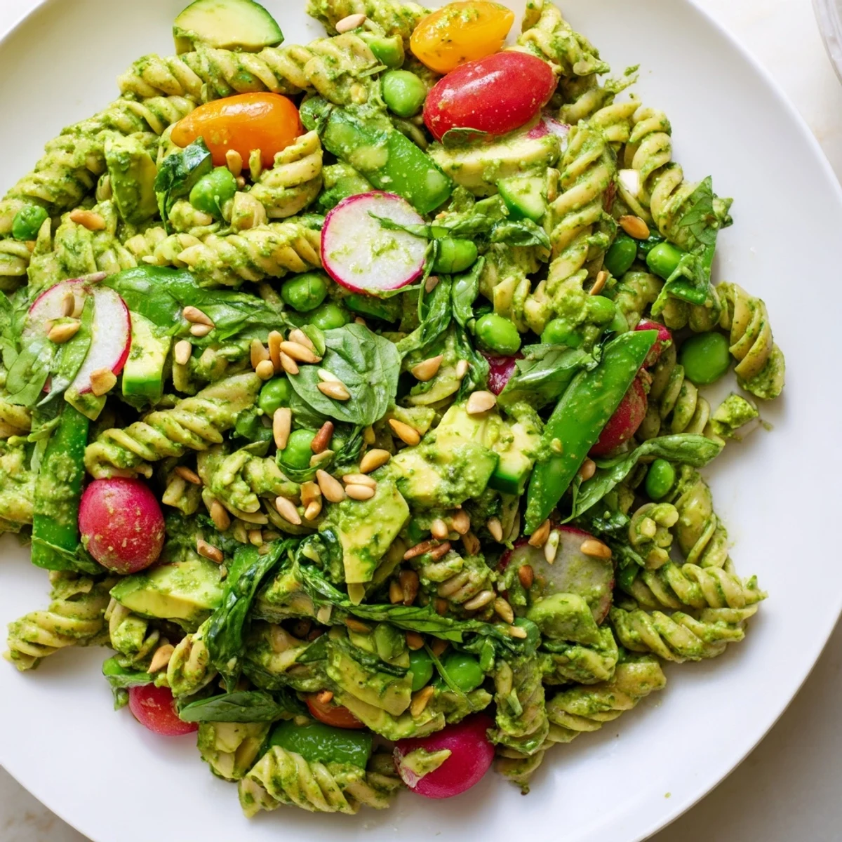 Colorful Green Goddess Pasta Salad featuring rotini tossed in creamy herb dressing with crisp cherry tomatoes and cucumber