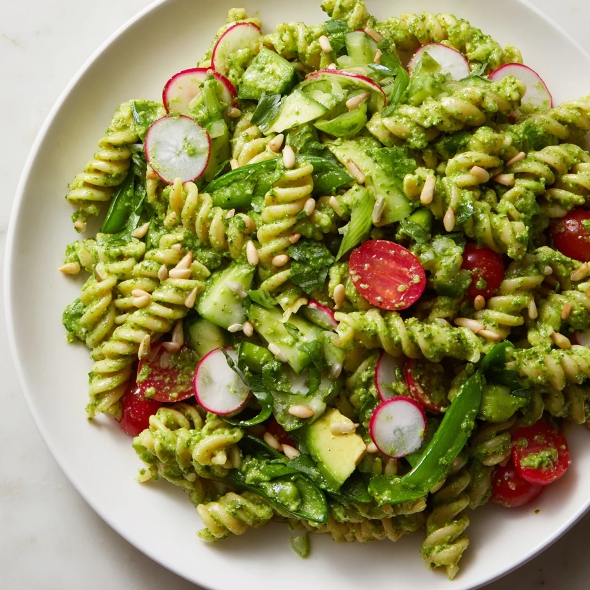 Creamy Green Goddess Pasta Salad plated with diced avocado, toasted sunflower seeds, and garden-fresh summer vegetables
