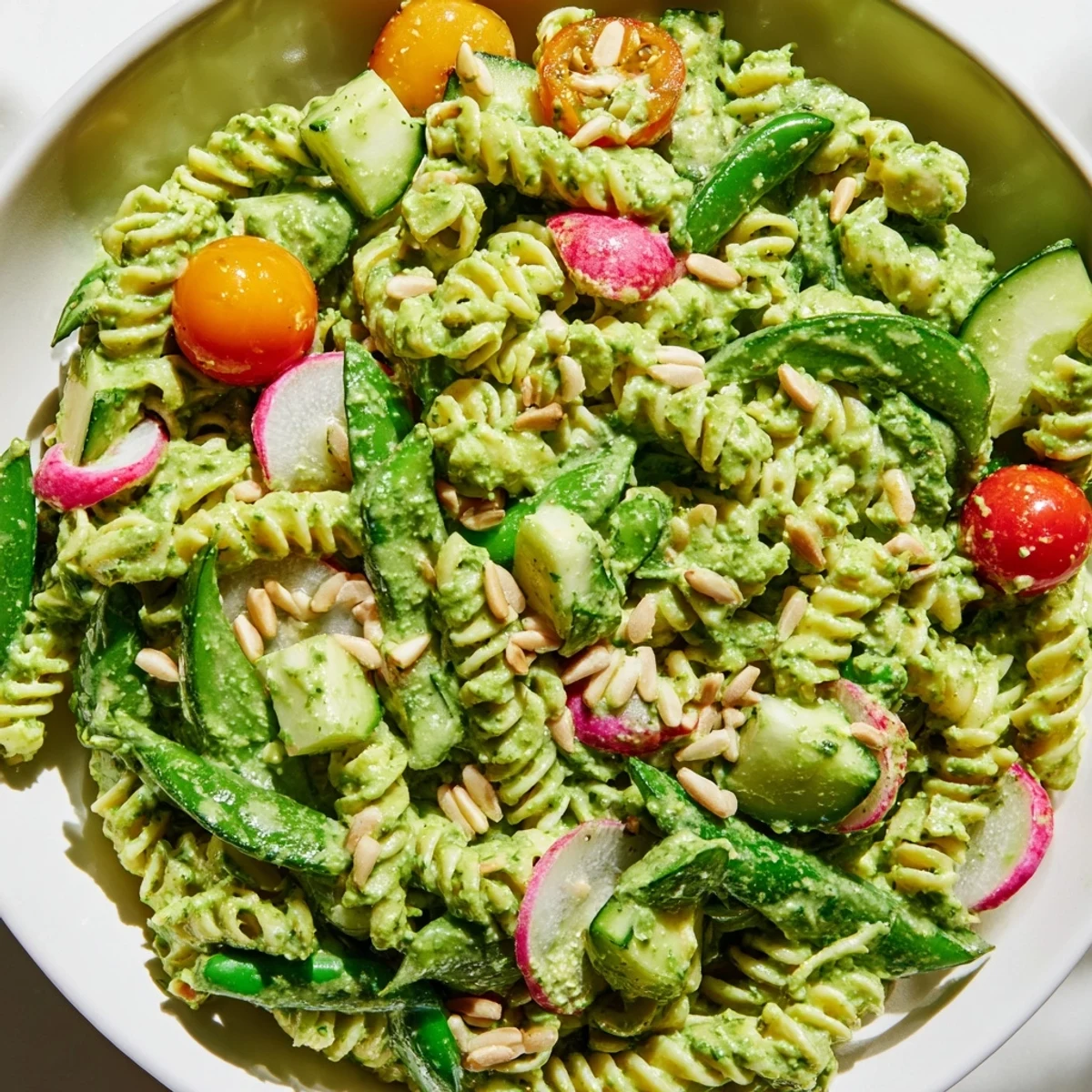 Fresh Green Goddess Pasta Salad bowl showcasing vibrant green dressing coating tender pasta alongside snap peas and radish slices