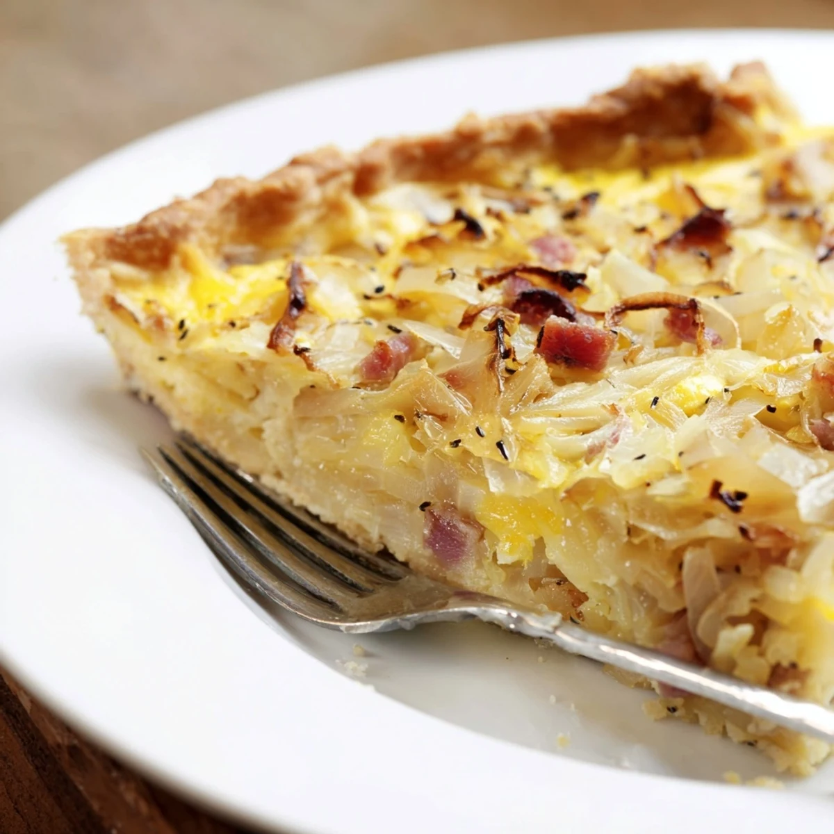 Golden German onion pie with caramelized onions, smoky bacon, and custard in a flaky pastry crust