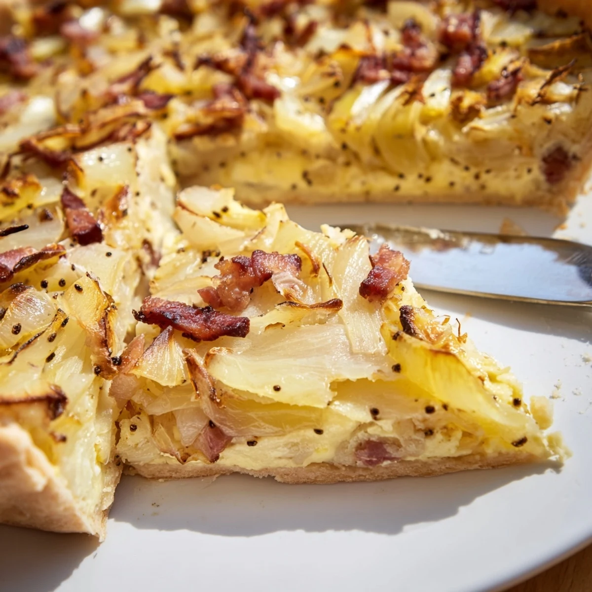 Homemade German onion pie baked until golden with tender onions, bacon, and rich custard on pastry