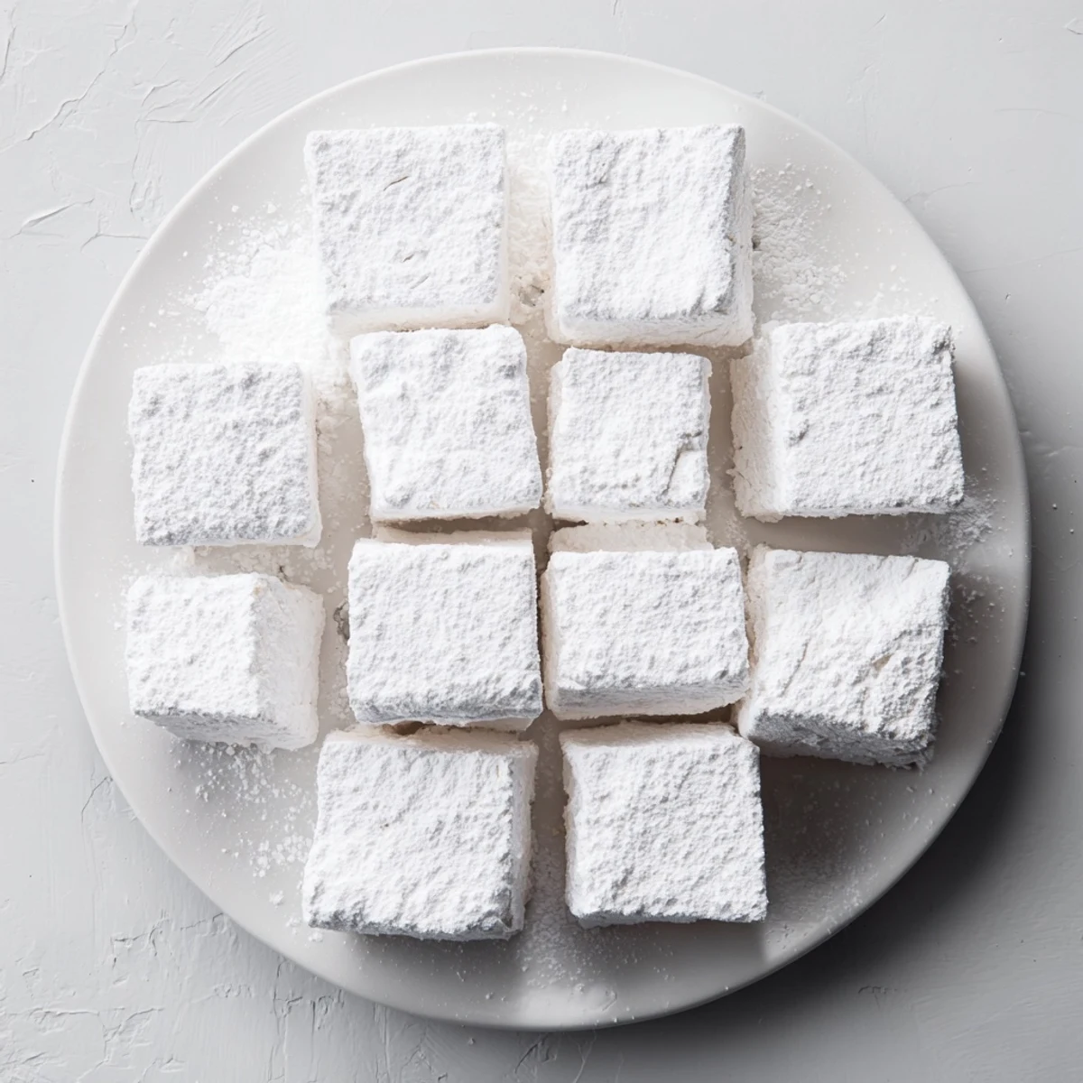 Fluffy white homemade marshmallows dusted with powdered sugar and arranged on a marble cutting board