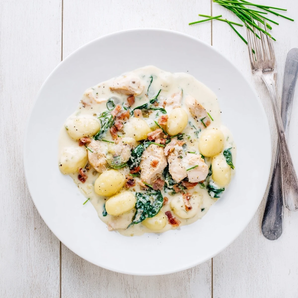 Spoonful of cheesy ranch chicken gnocchi with spinach and melted mozzarella on a rustic wooden table