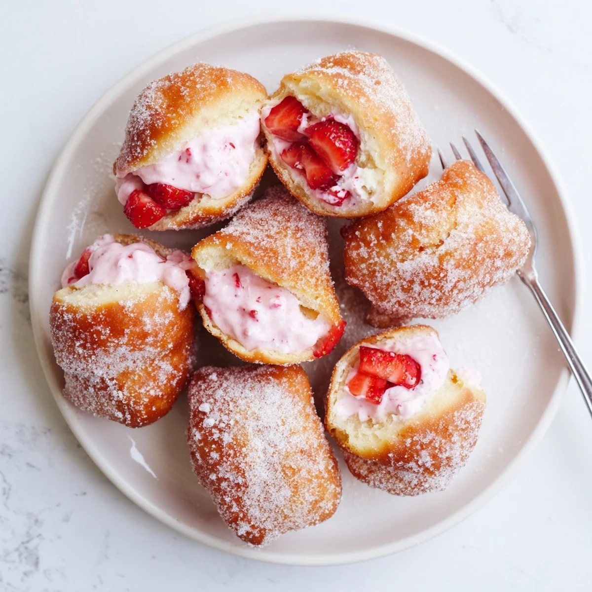 Golden strawberry cream filled doughnuts rolled in sparkling sugar on a white plate