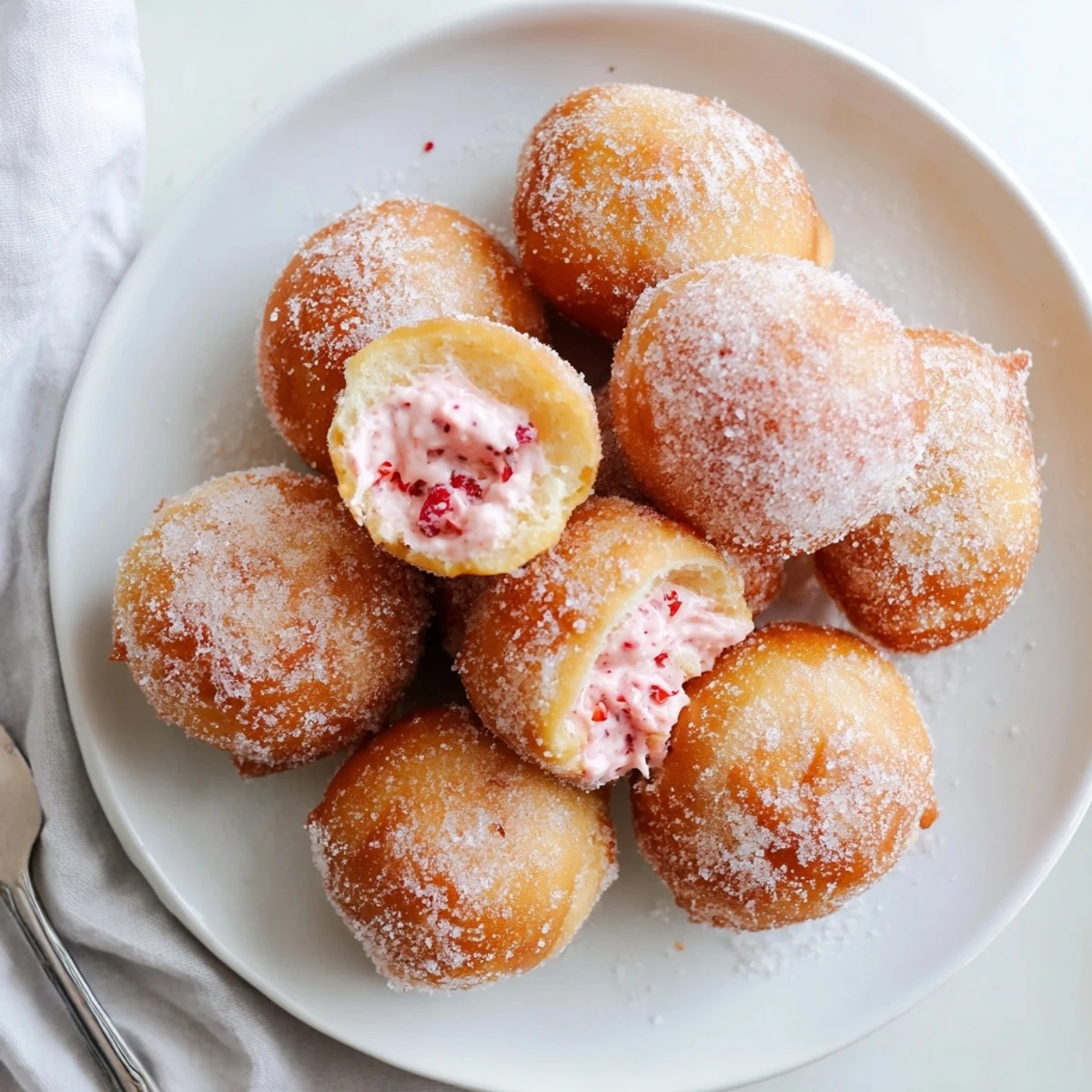 Fluffy fried doughnuts burst with sweet strawberry mascarpone cream filling on marble surface