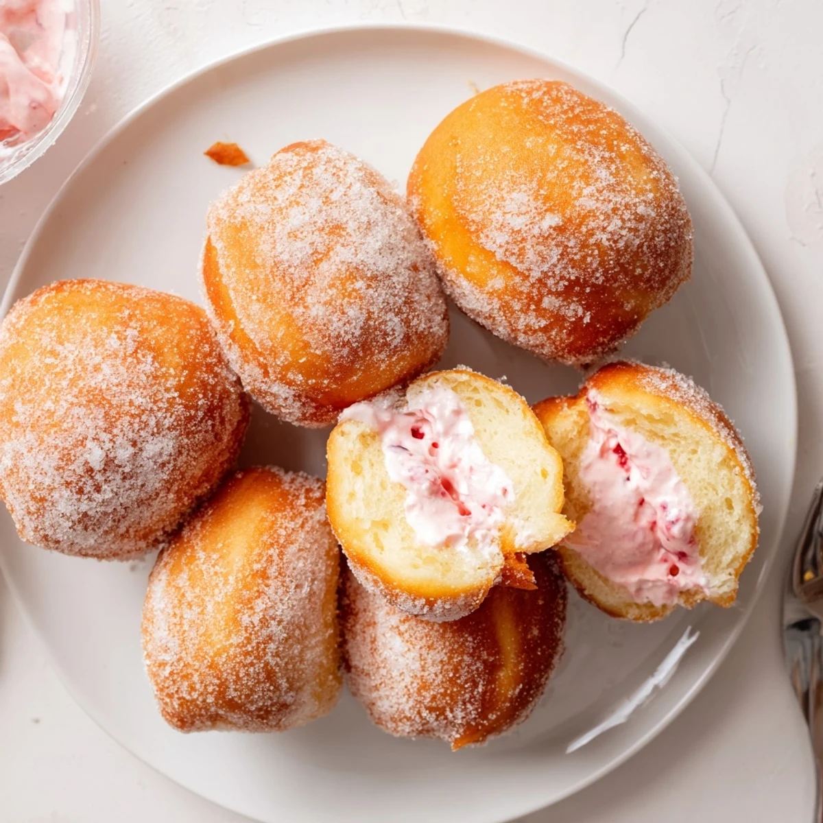 Fresh strawberry cream filled doughnuts with powdered sugar dusting on wooden board