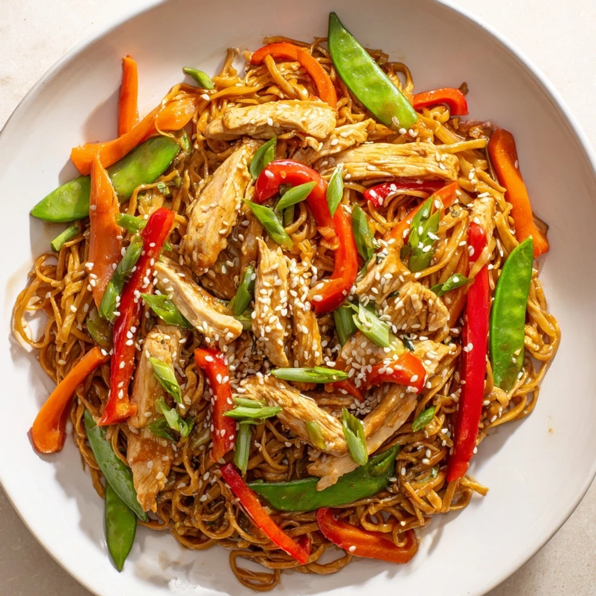 Tender chicken pieces coated in sticky garlic sauce served over chewy noodles with crisp bell peppers