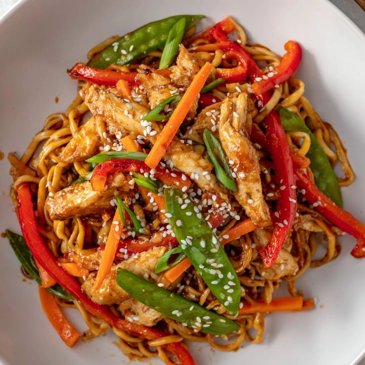 Glossy sticky garlic chicken noodles tossed with colorful vegetables in a savory sweet sauce