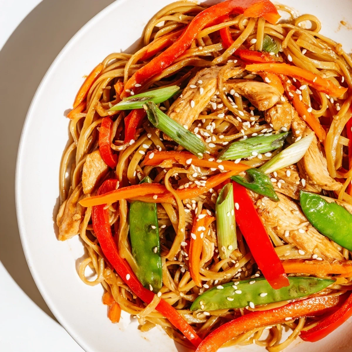 Steaming bowl of Asian-style sticky garlic chicken noodles garnished with fresh scallions and sesame seeds