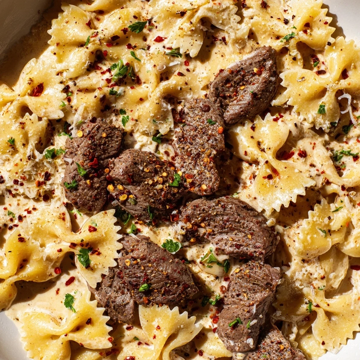 Creamy Cajun cream cheese Alfredo bowties topped with seasoned beef slices