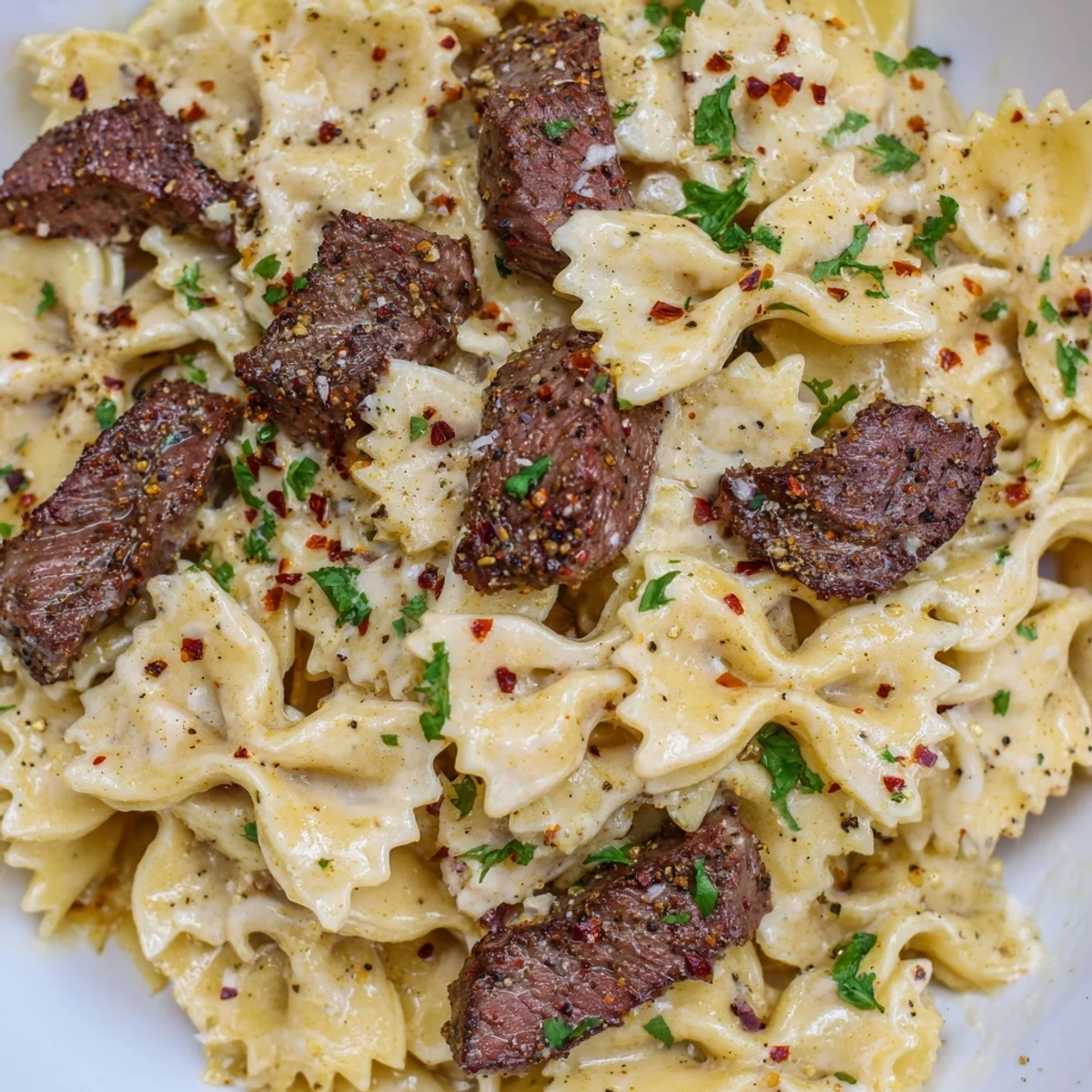 Tender farfalle pasta tossed in spicy white sauce with Cajun spiced beef