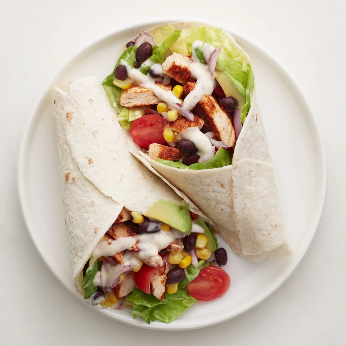 Golden seasoned chicken wrapped in flour tortilla with colorful veggies and creamy southwest sauce