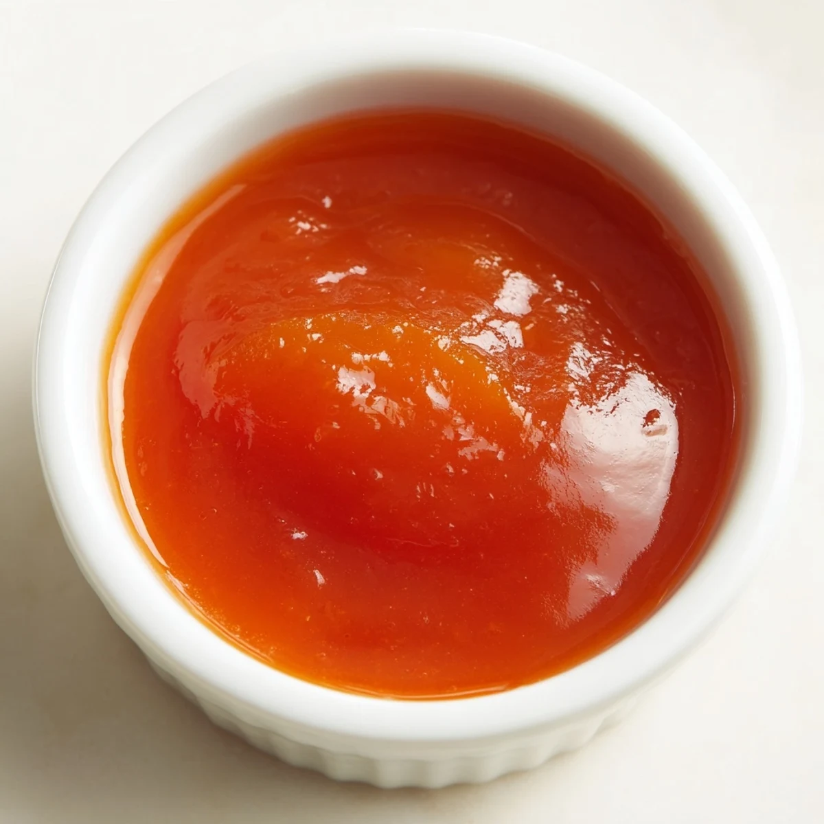 Golden orange McDonalds sweet and sour sauce in a small white dipping bowl