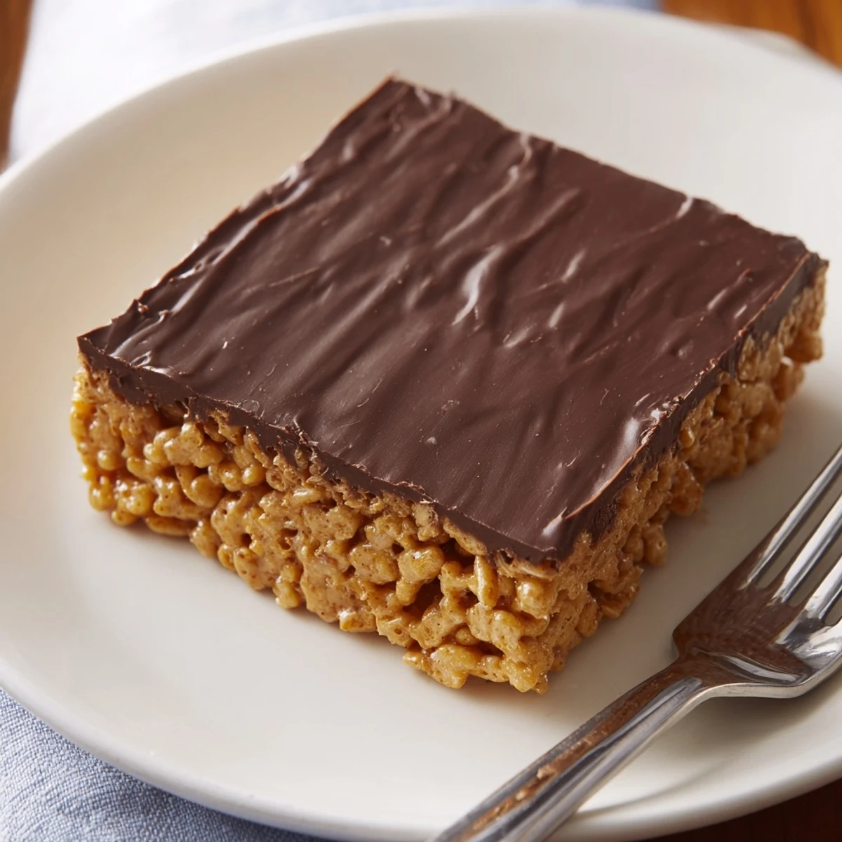 Square gluten-free honey Chex chocolate peanut butter bars featuring glossy chocolate layer and crunchy cereal base