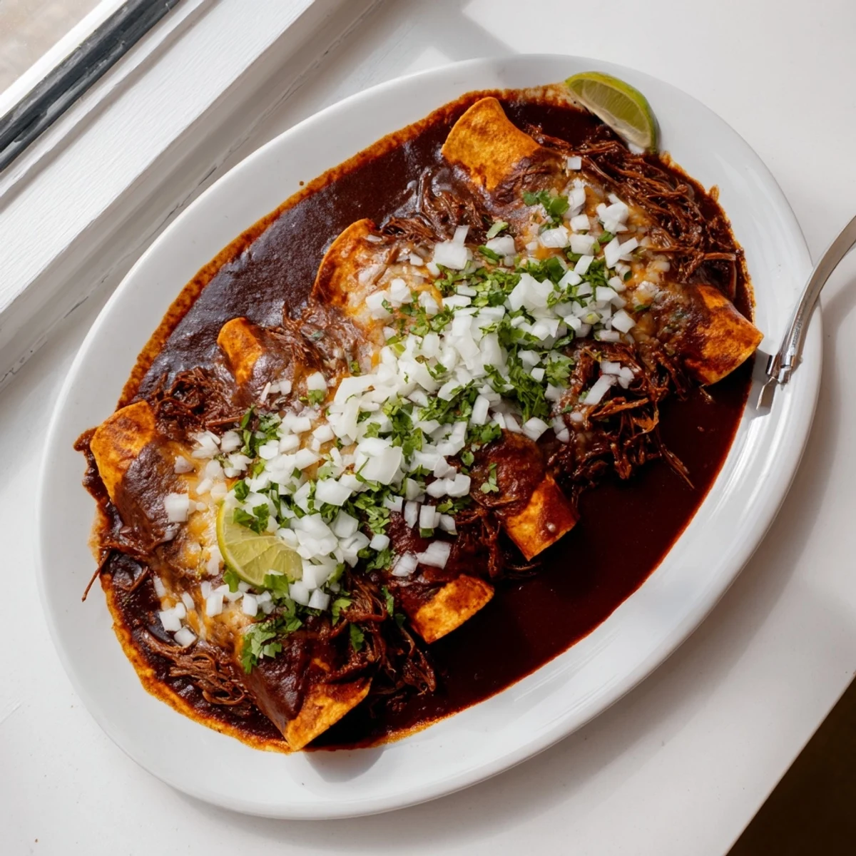 Golden birria enchiladas with shredded beef, melted cheese, and rich consommé garnished with fresh cilantro and white onion