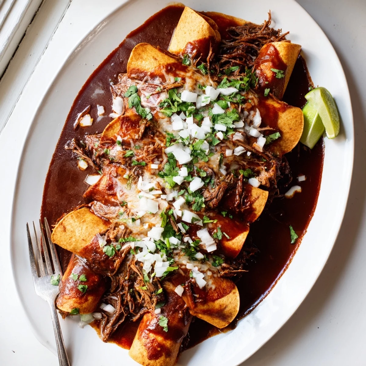 Baked birria enchiladas featuring tender beef wrapped in corn tortillas, topped with bubbly Oaxaca cheese and diced onions