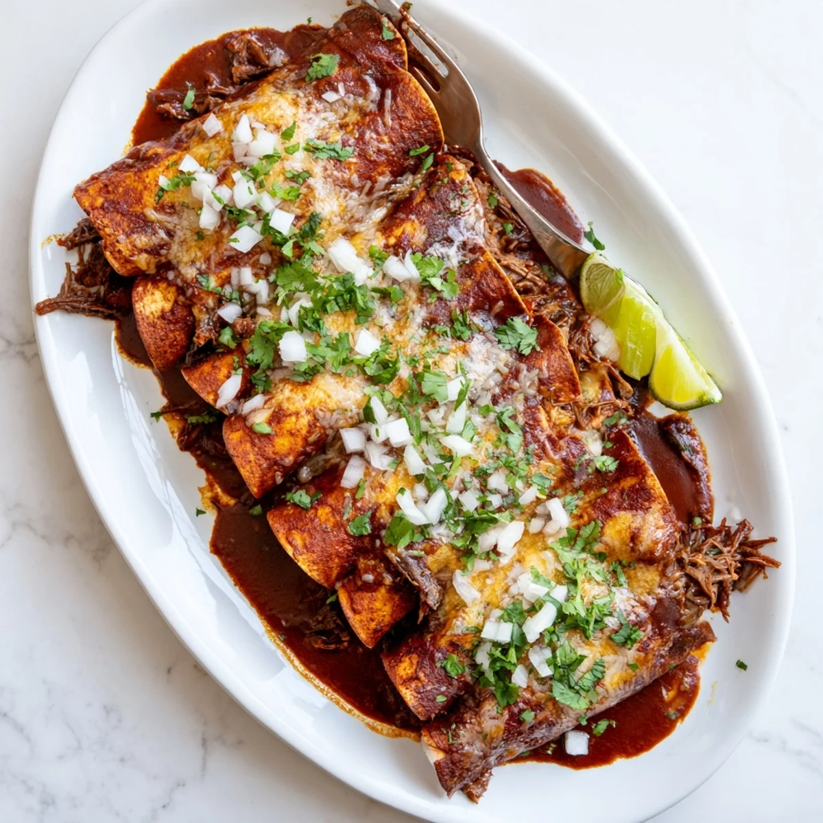 Steaming plate of birria enchiladas drizzled with savory beef consommé, served with lime wedges and chopped cilantro