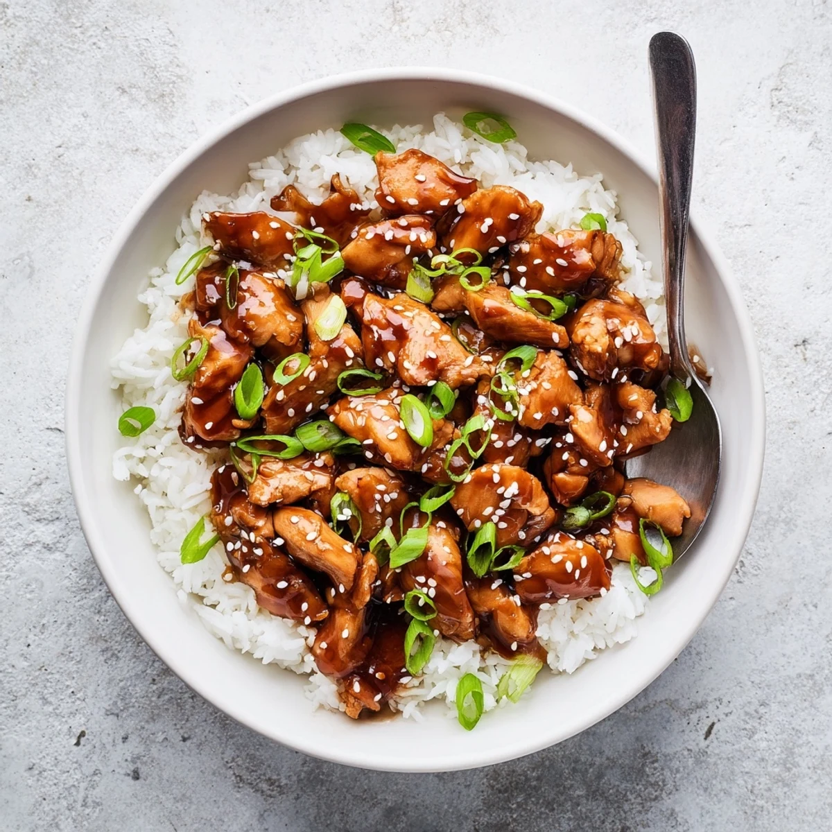 Golden glazed Crockpot Teriyaki Chicken pieces draped in thick sticky sauce over steaming white rice