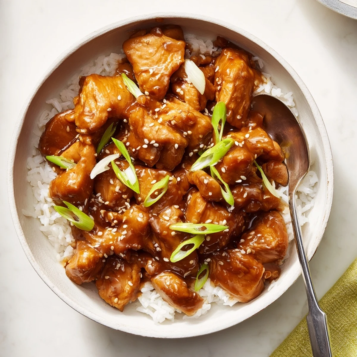 Tender slow-cooked Teriyaki Chicken topped with fresh green onions beside a bowl of fluffy rice