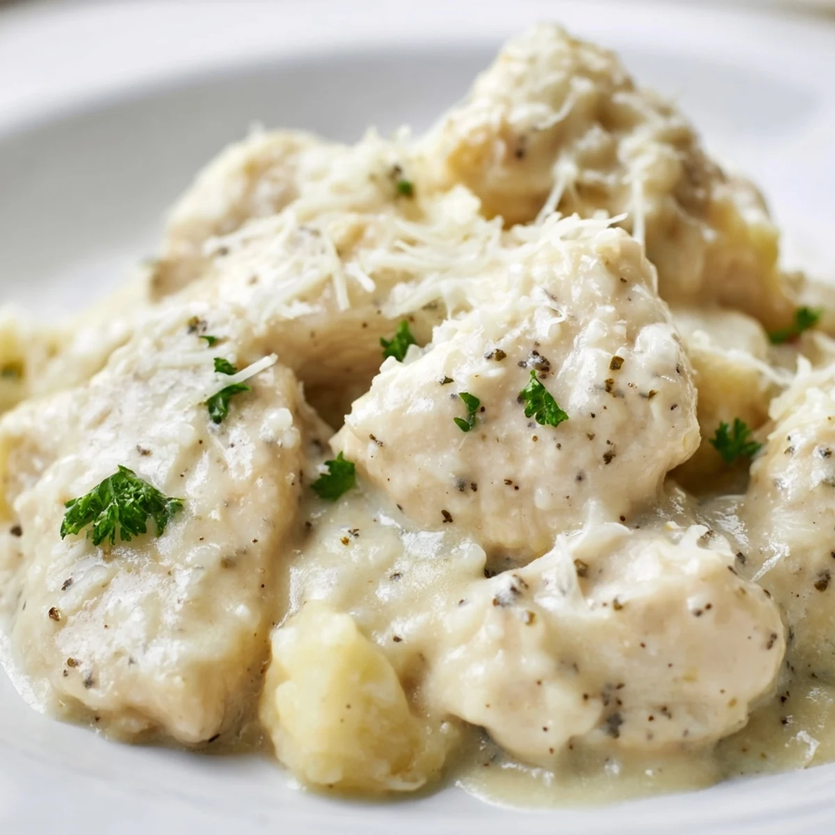 Golden chicken breasts swimming in a rich, creamy garlic Parmesan sauce garnished with fresh parsley