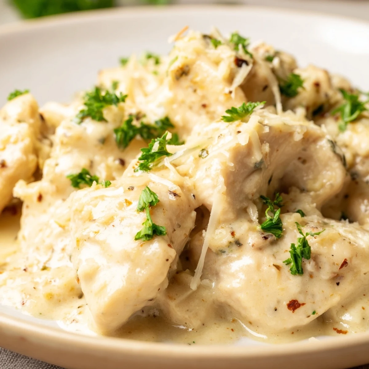 Tender juicy chicken breasts coated in thick white cheese sauce with chopped parsley sprinkled on top
