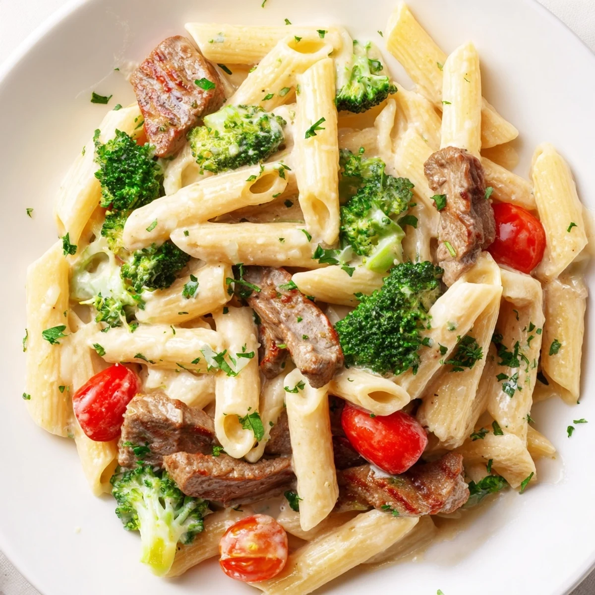 Creamy garlic steak penne with tender beef strips, fresh broccoli florets, and halved cherry tomatoes in a rich white sauce.