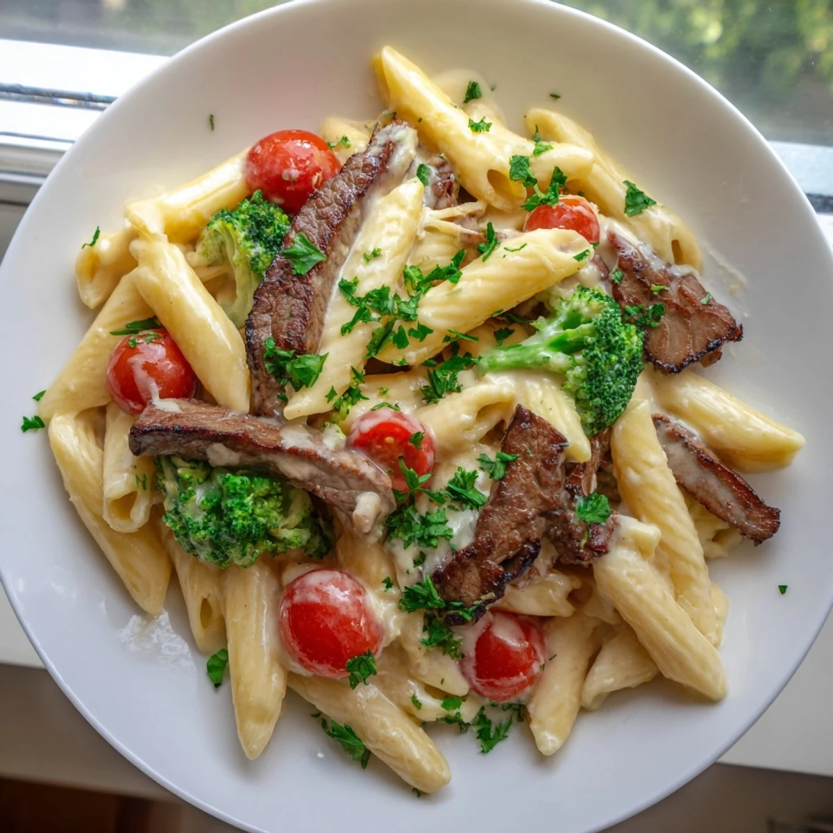 Savory penne pasta tossed with seared steak, vibrant broccoli, and juicy tomatoes coated in a velvety garlic Parmesan cream sauce.