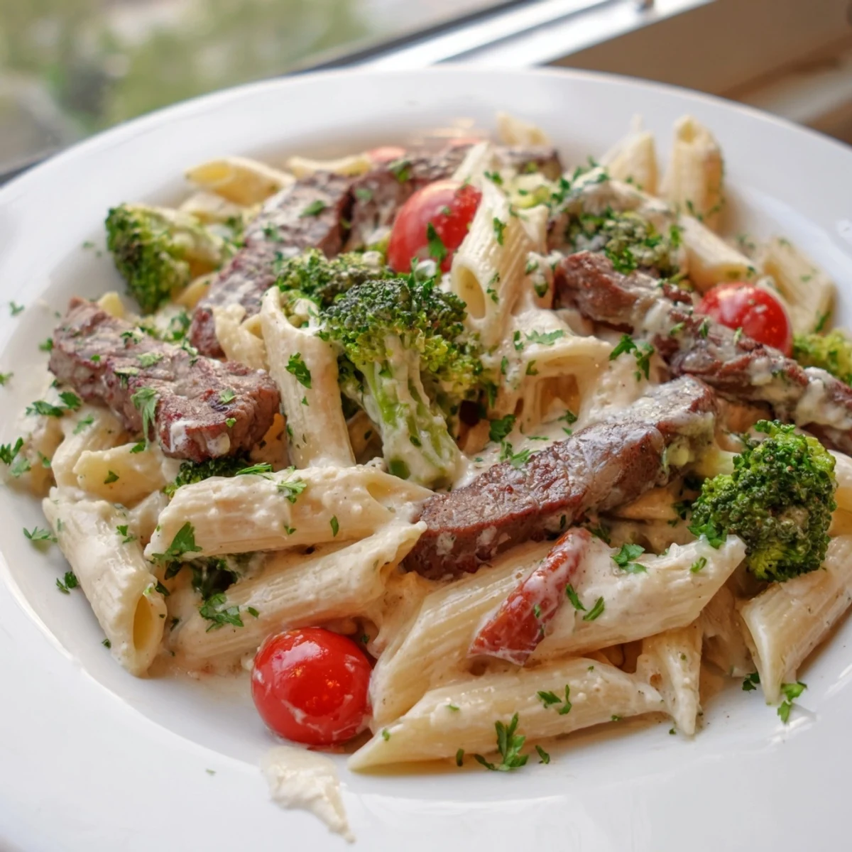 Comforting Italian-American creamy garlic steak penne loaded with protein, crisp broccoli, and sweet tomatoes on a rustic ceramic plate.