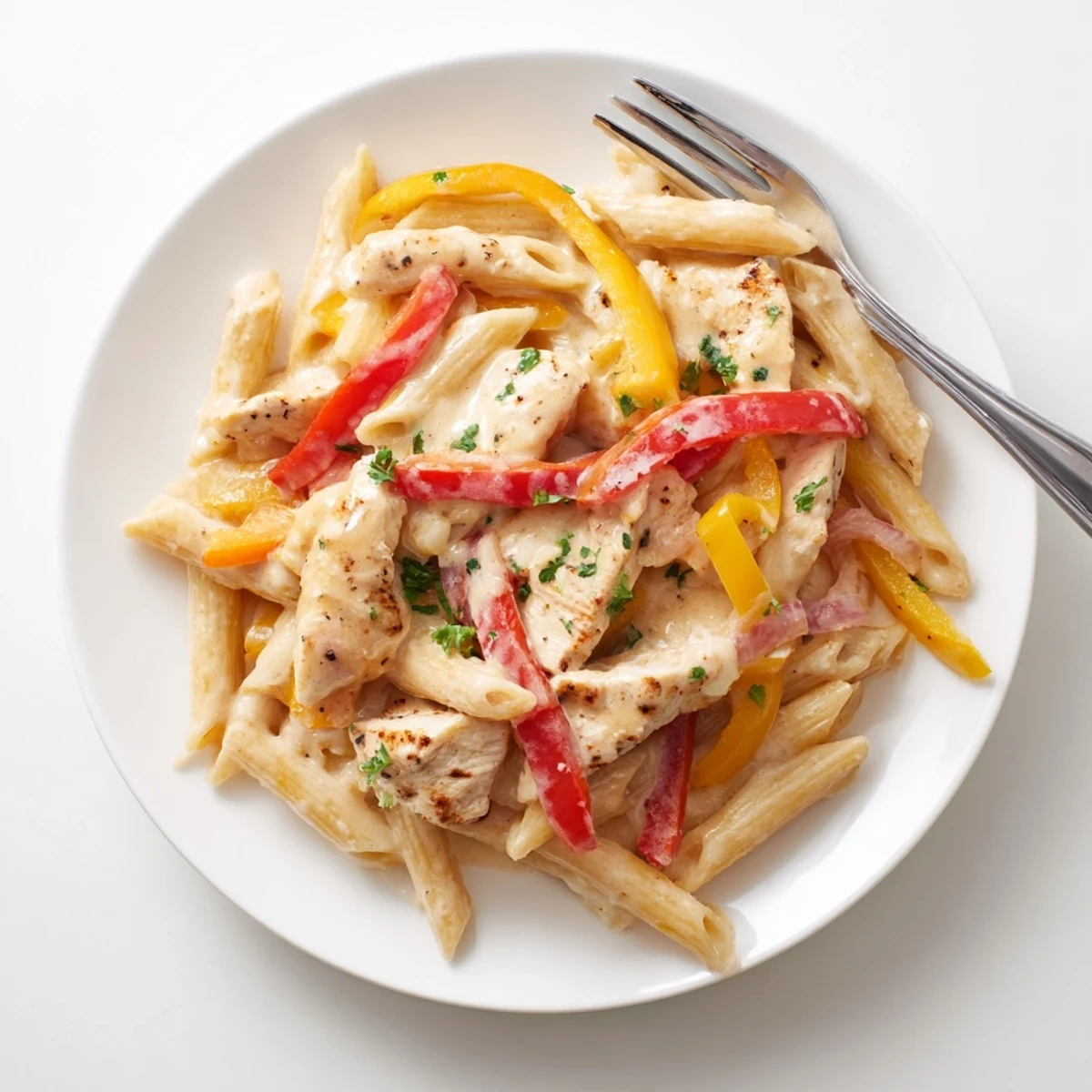 Golden creamy Cajun chicken pasta tossed with spicy sauce and colorful bell pepper slices